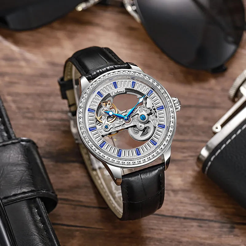 Men's rose gold stainless steel mechanical watch with business dial and onion crown.
