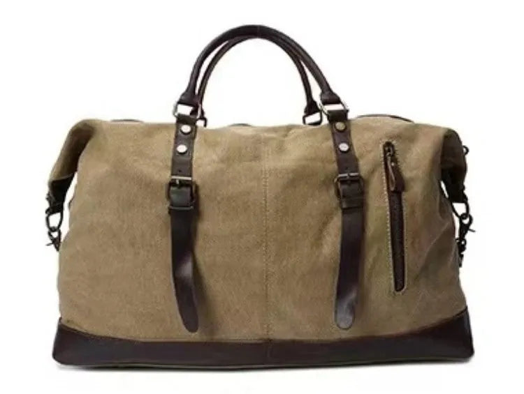 Canvas travel messenger shoulder bag with Crazy Horse leather trim, large capacity 36-55L, retro style, khaki colour