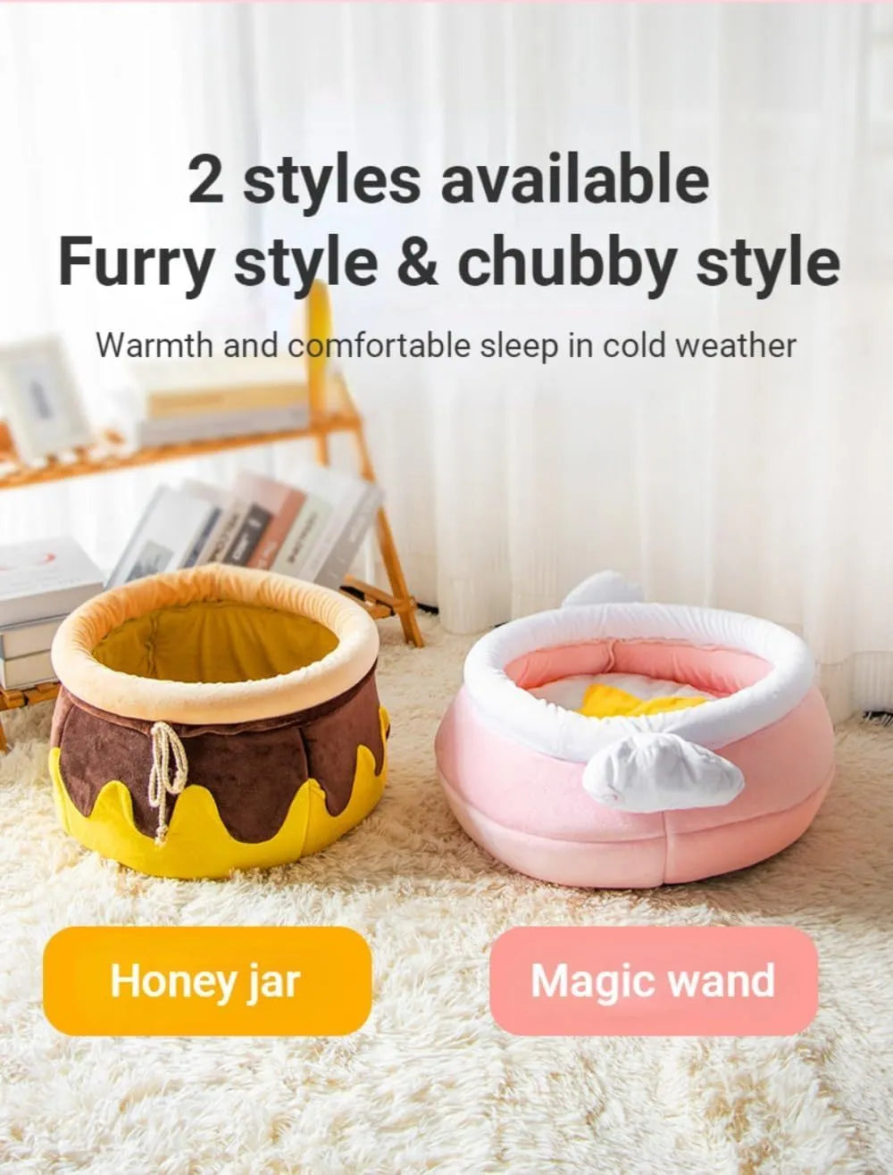 Pink honey pot-shaped cat bed with magic wand design and a soft, removable inner cushion.