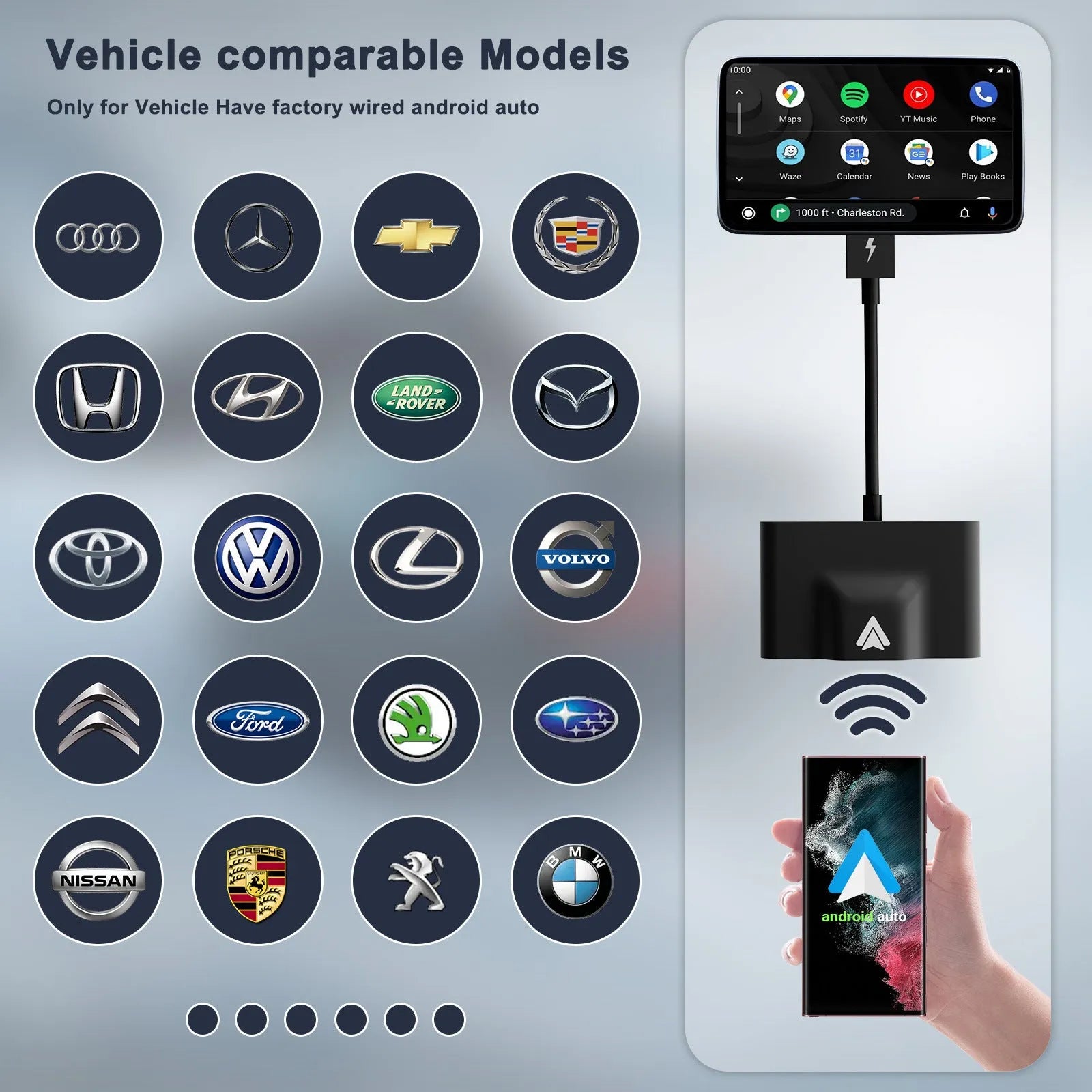 Black wireless Android Auto car adaptor connected to a car USB port with a smartphone displaying a navigation app wirelessly.