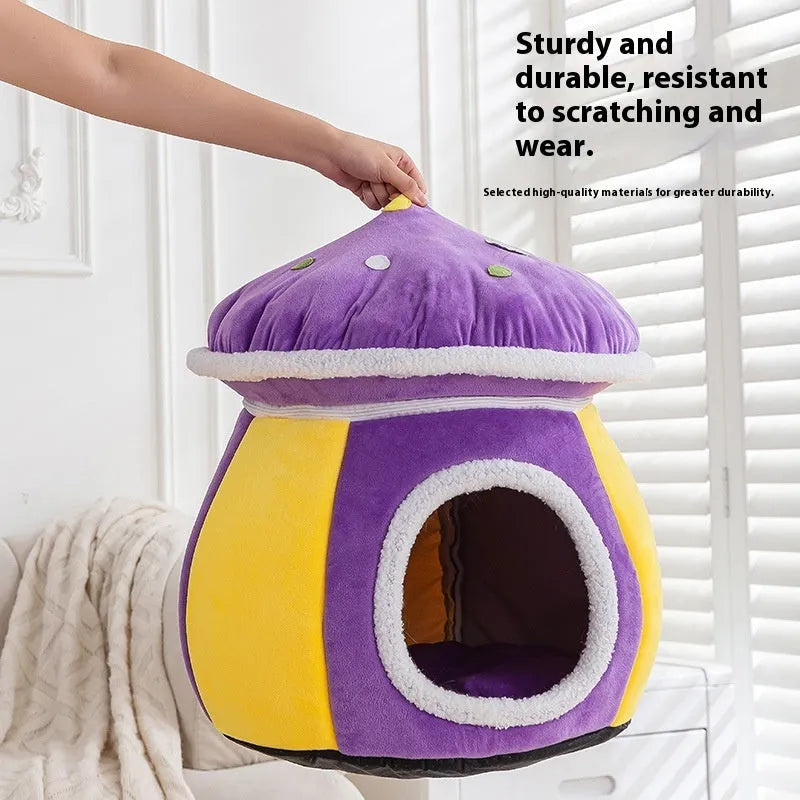 Mushroom-shaped plush cat bed in purple, pink, or grey colours