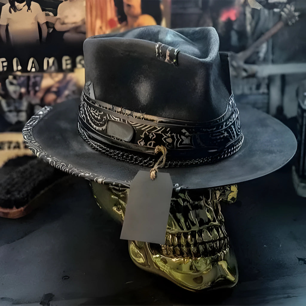 Handmade wool felt Halloween hat with conical crown and skull print, featuring denim fabric accents