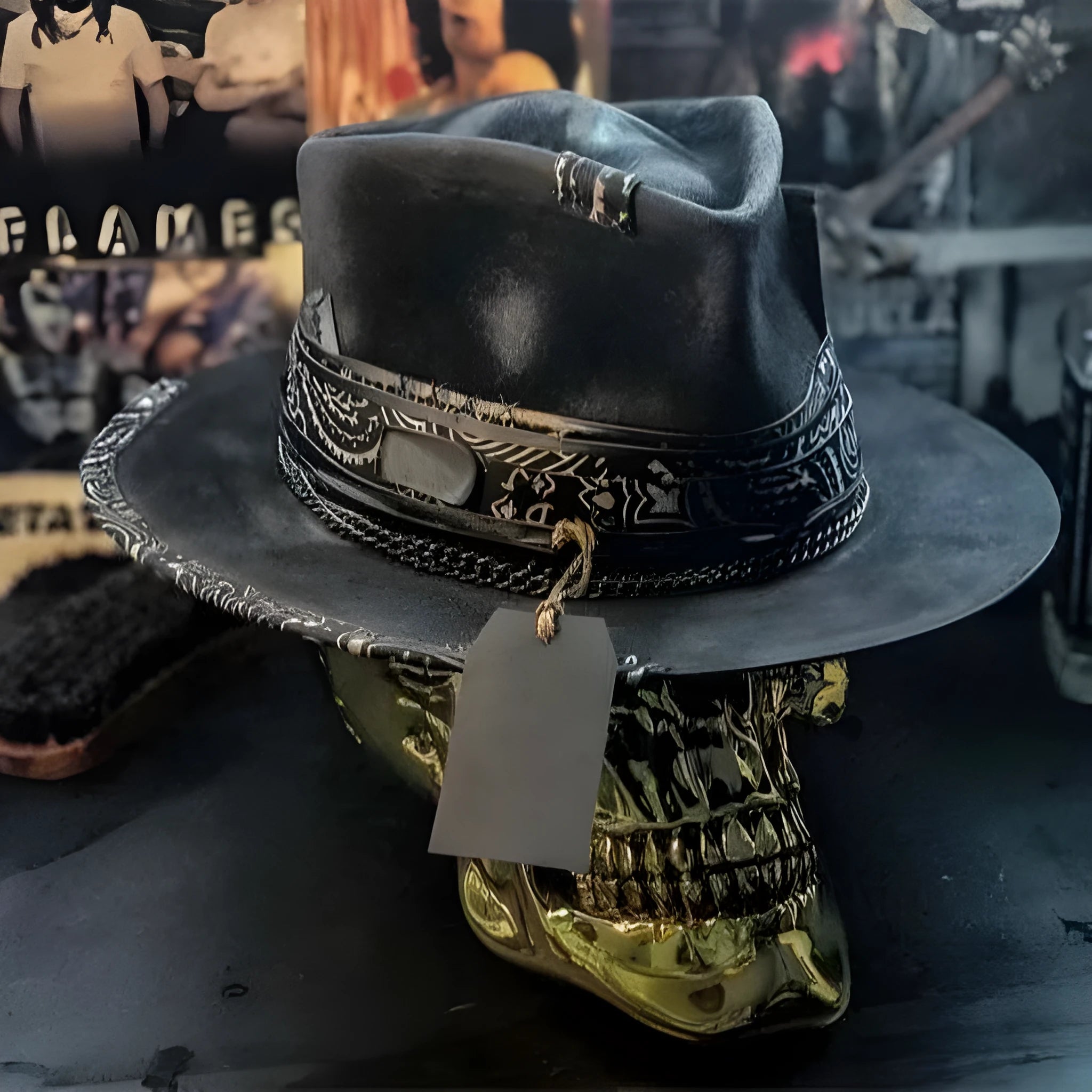 Handmade wool felt Halloween hat with conical crown and skull print, featuring denim fabric accents