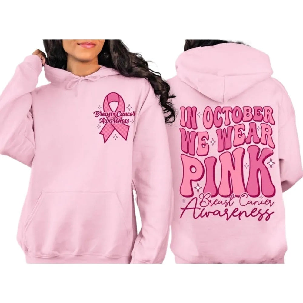 Women's pink Breast Cancer Awareness pullover hoodie with retro hot stamp print and side seam pockets.
