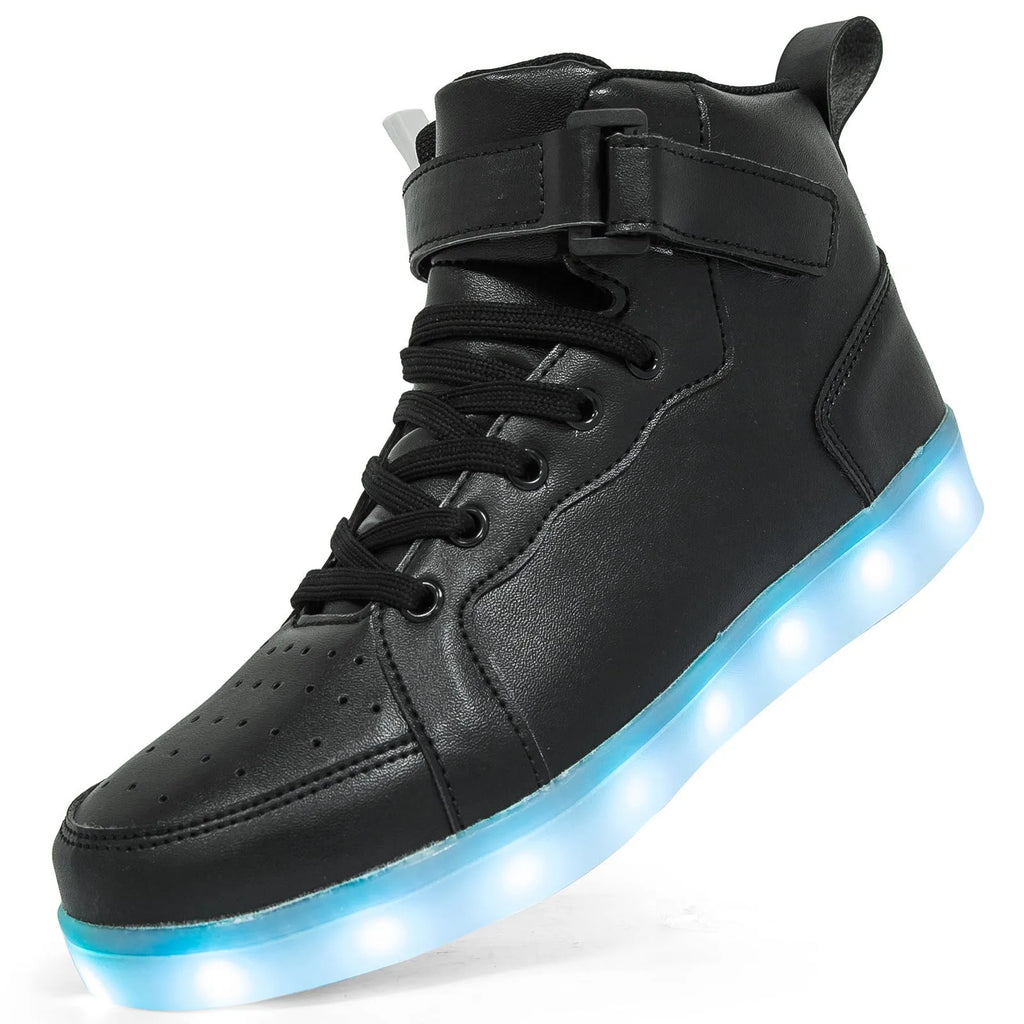 LED high-top light shoes with Velcro closure showing illuminated sole and available colour options