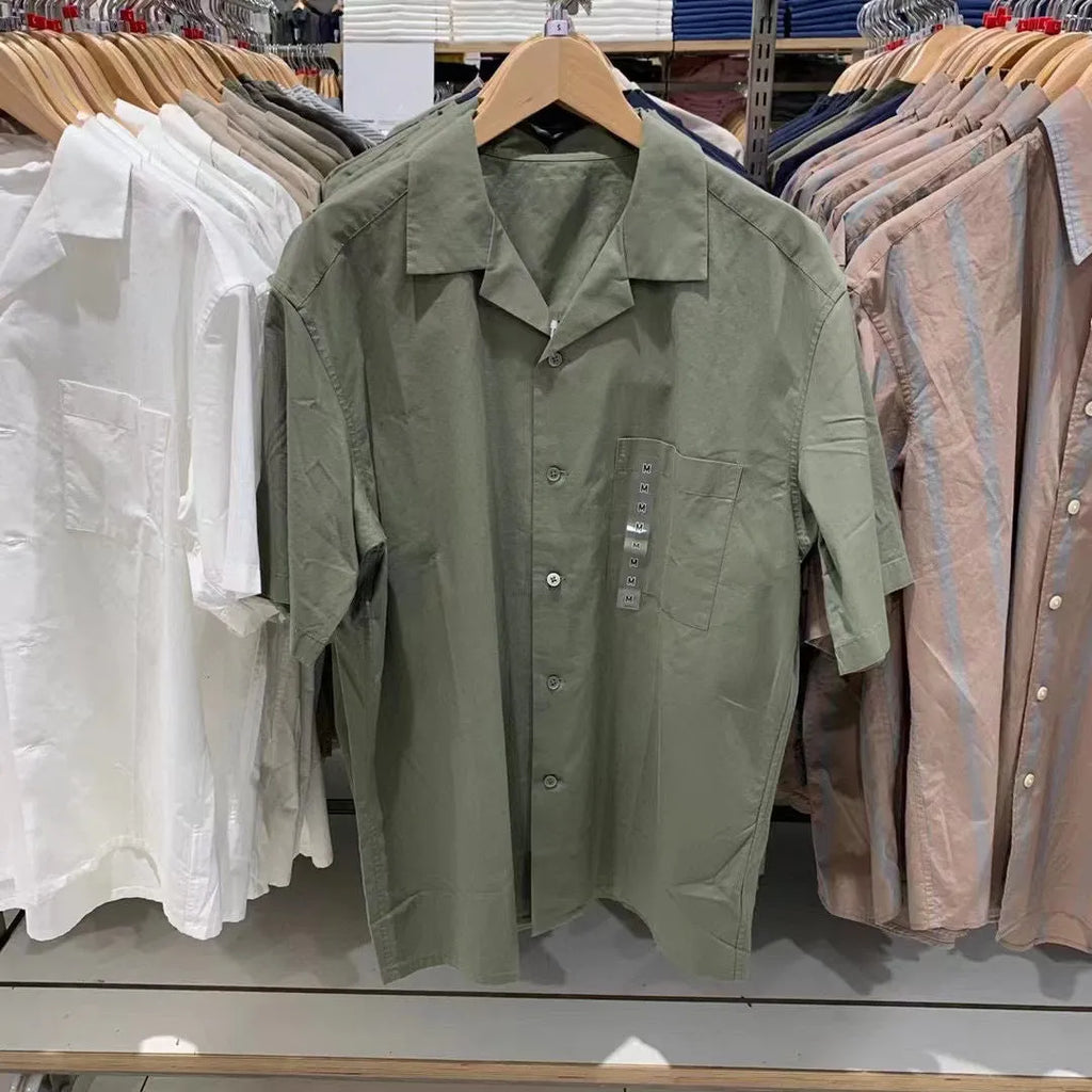 Men's beige modal cotton open collar casual shirt with Japanese Korean styling