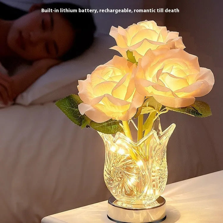 Crystal flowers table lamp with touch dimming controls and USB charging port