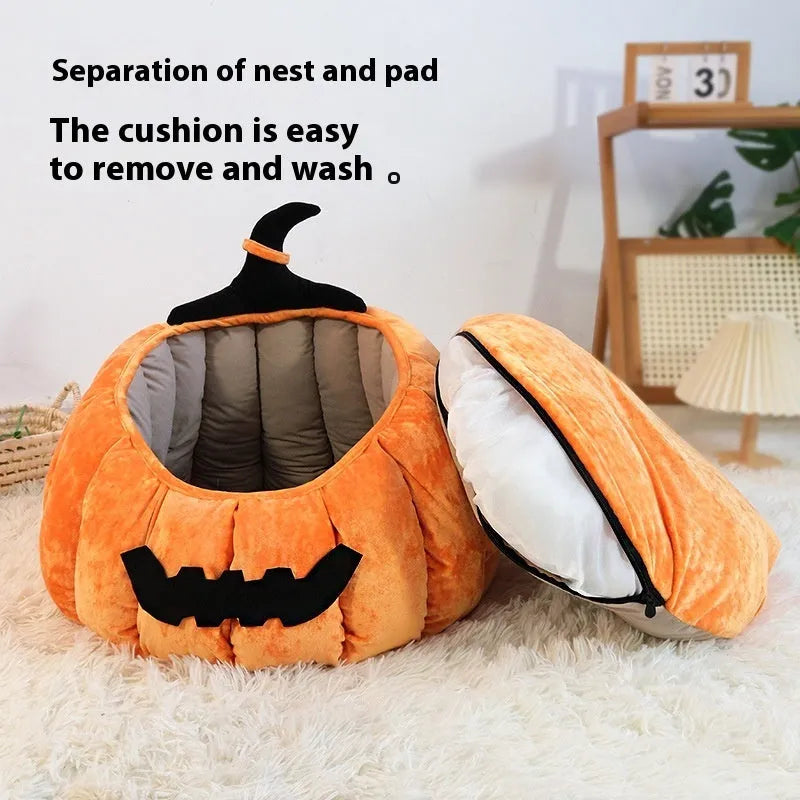 Halloween pumpkin design cat bed in orange or black cloth for indoor pets