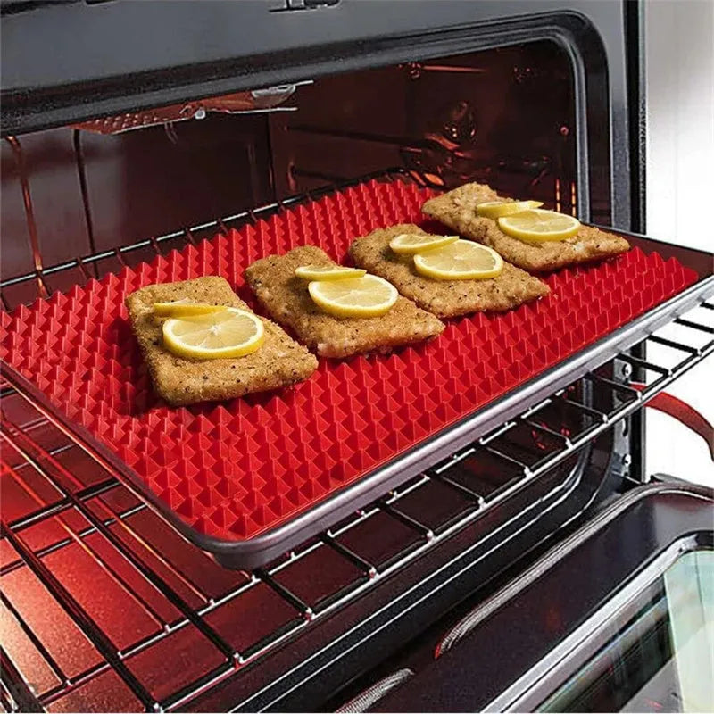 Red silicone pyramid grid cooking mat for oven and BBQ use