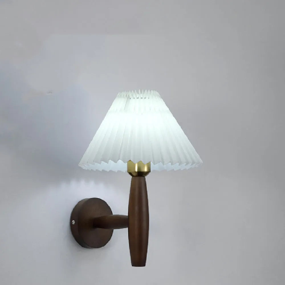 American retro walnut wood wall lamp with fabric shade and copper detailing