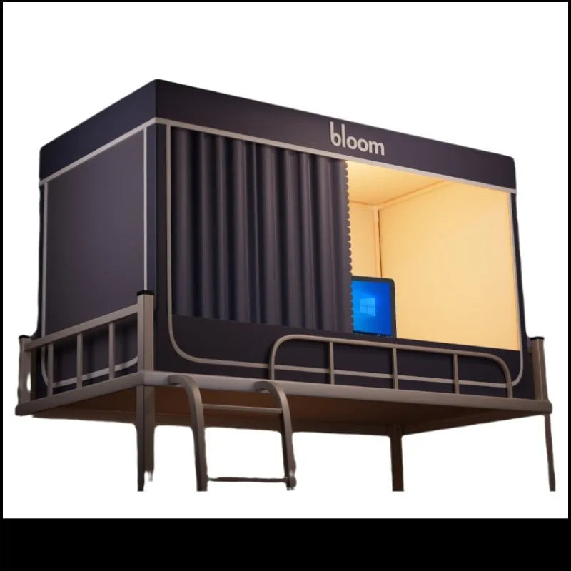 Grey polyester bed curtains with integrated mosquito net for a 0.9m bed on a three-door bracket.