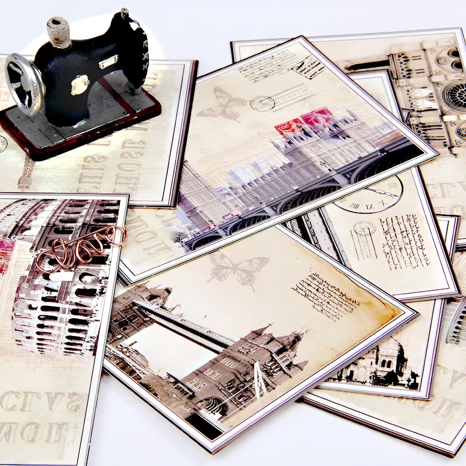 Set of nine Japanese style postcards showing various designs including ink painting and cat illustrations.