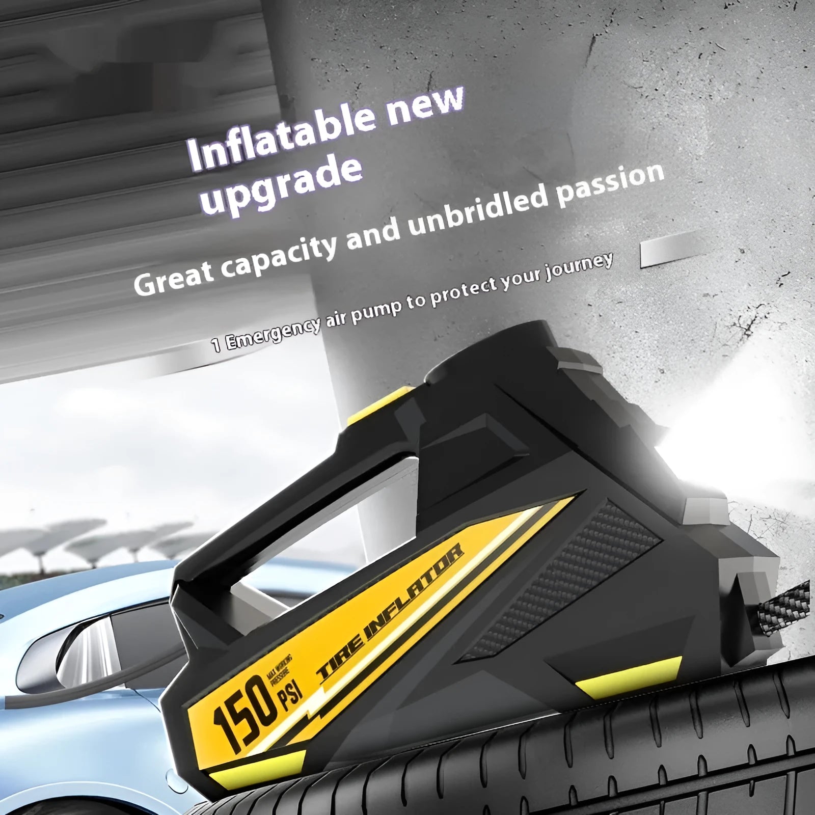 Black portable 12V car tyre inflator with digital display and LED light on a grey background.