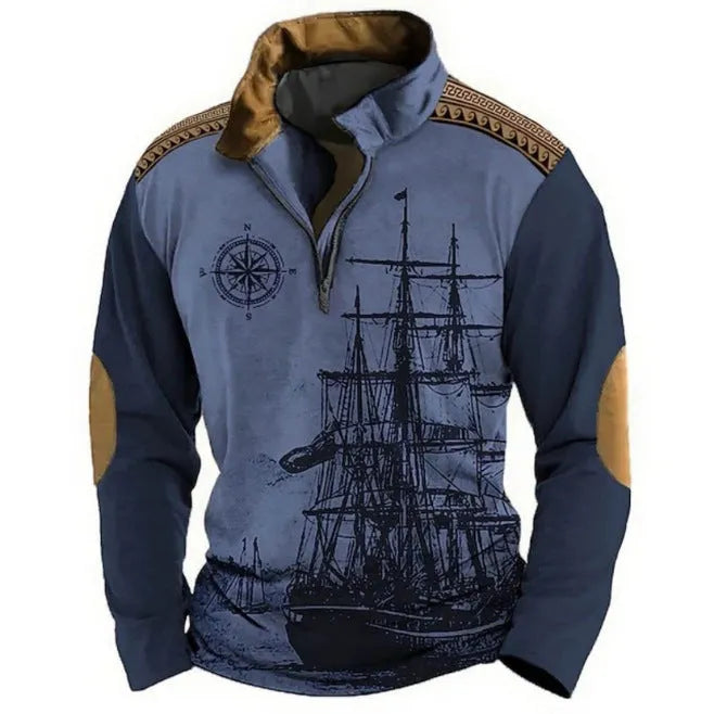 Man wearing a loose fit long sleeve t-shirt with retro colour printing and stripe pattern for golf or casual wear