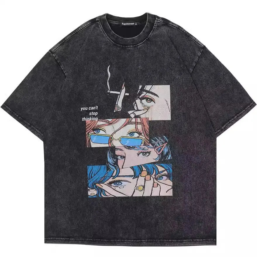 Men's loose fit cotton T-shirt with cartoon digital print in washed black colour