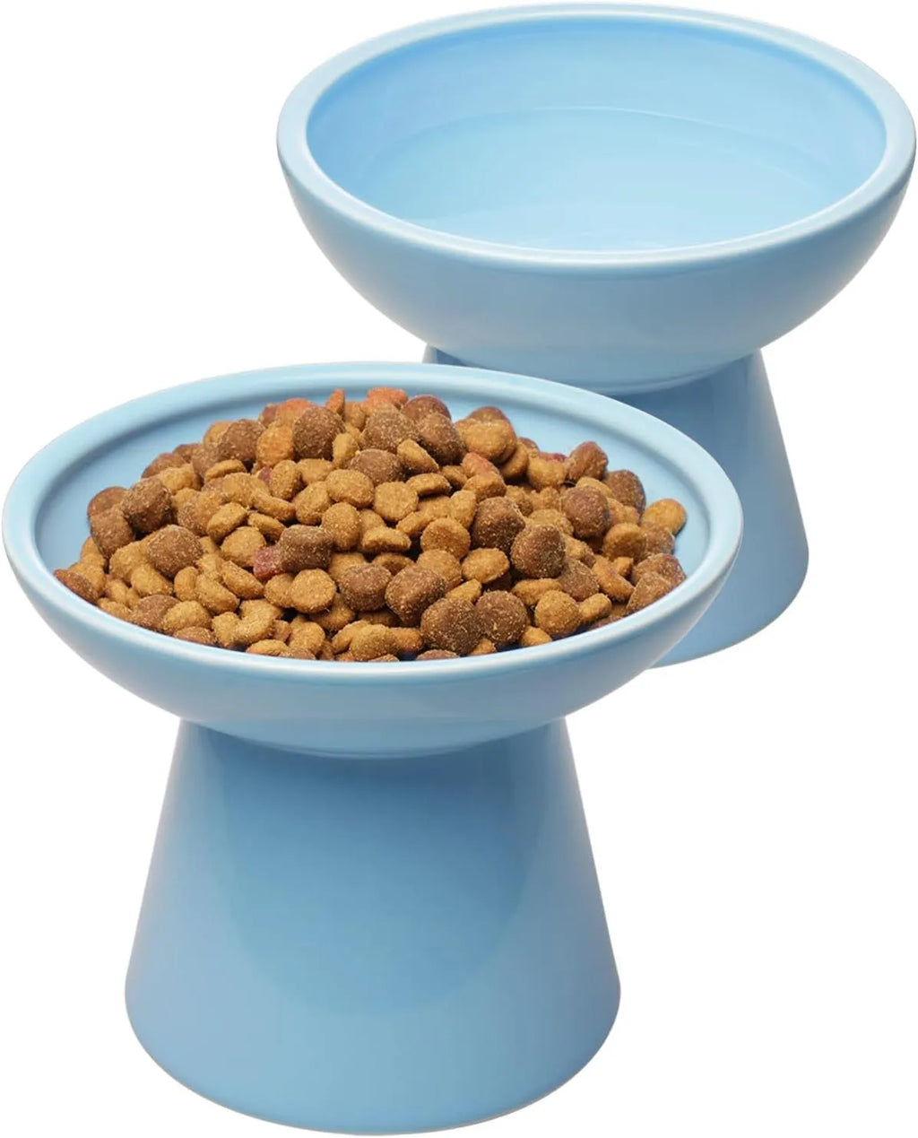 Elevated ceramic cat bowl with wide shallow dish for whisker fatigue prevention
