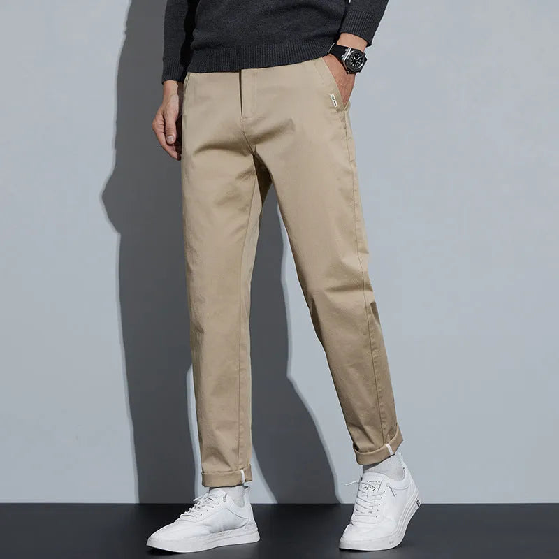 Combed cotton light business casual trousers for men in four colours with mid-rise elastic waist