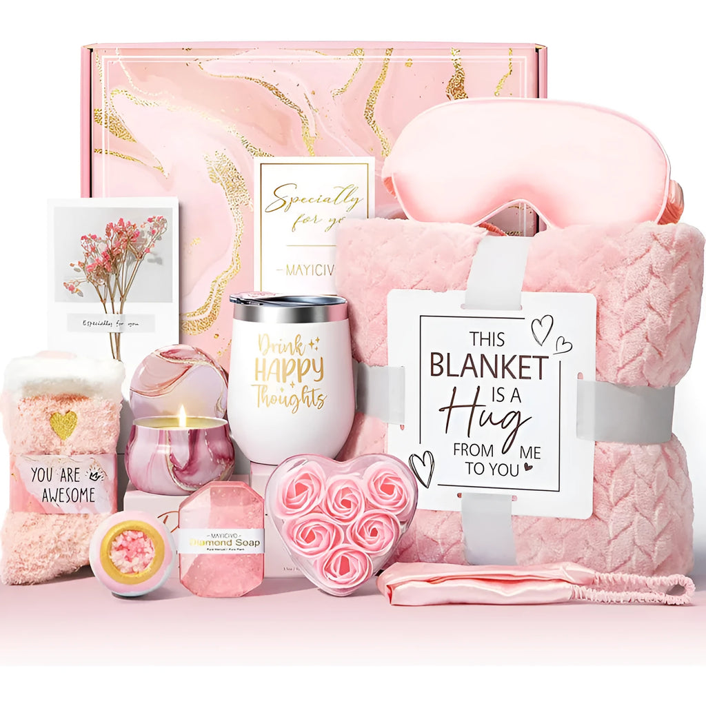 Aromatherapy bath gift set in modern plastic box with candles, soap, and bath products