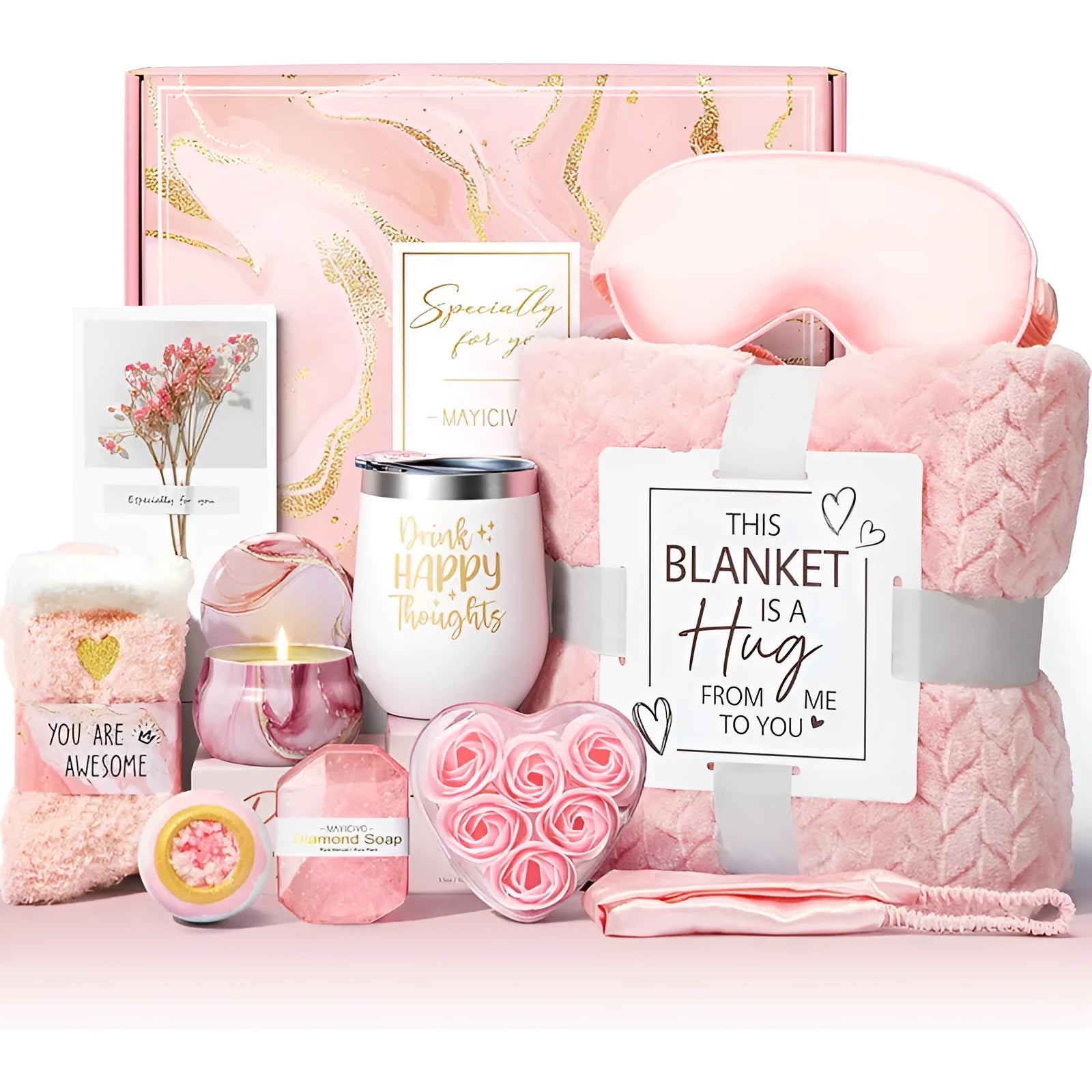 Aromatherapy bath gift set in modern plastic box with candles, soap, and bath products