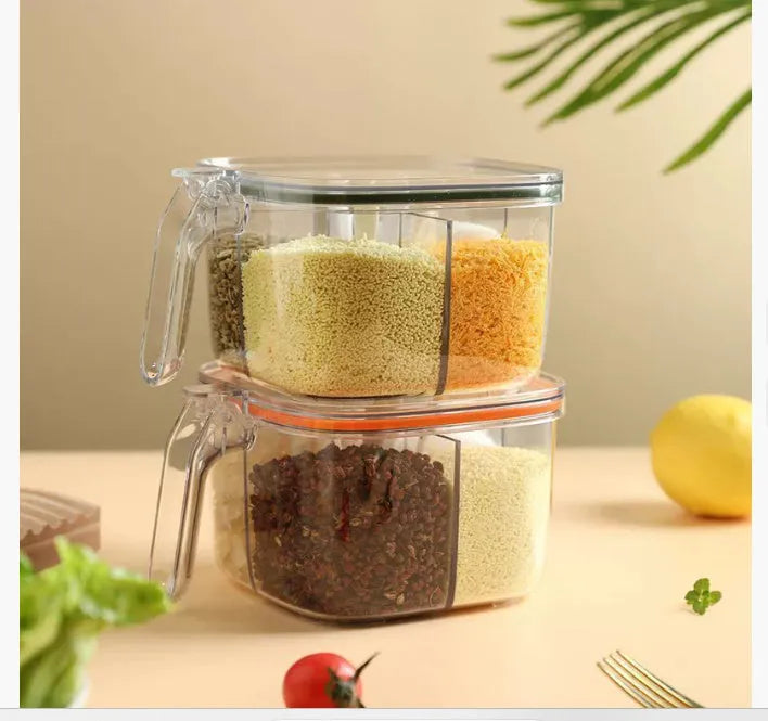 Five-in-one plastic seasoning container box in green with multiple compartments for kitchen storage