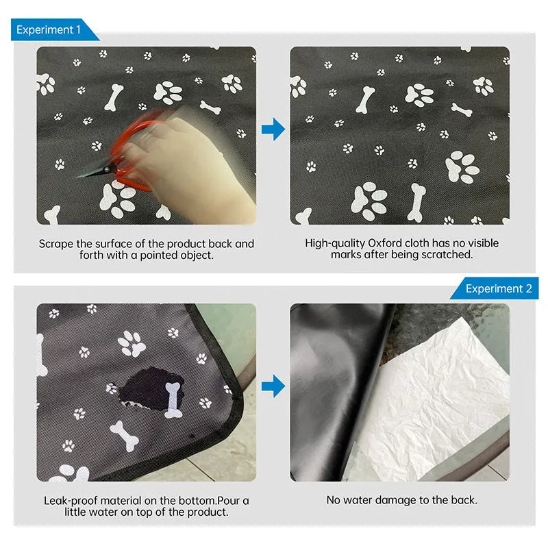 Cloth car pet mat for rear seat protection, shown in a dog bone print design on a grey background.