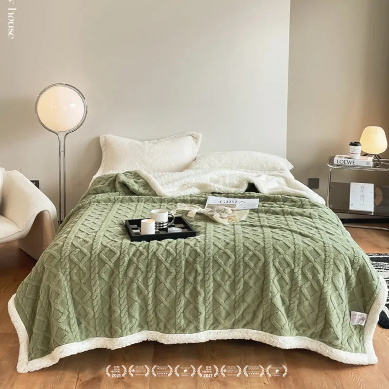 Polyester thermal flannel blanket in beige colour, shown folded to display its thick texture and modern style