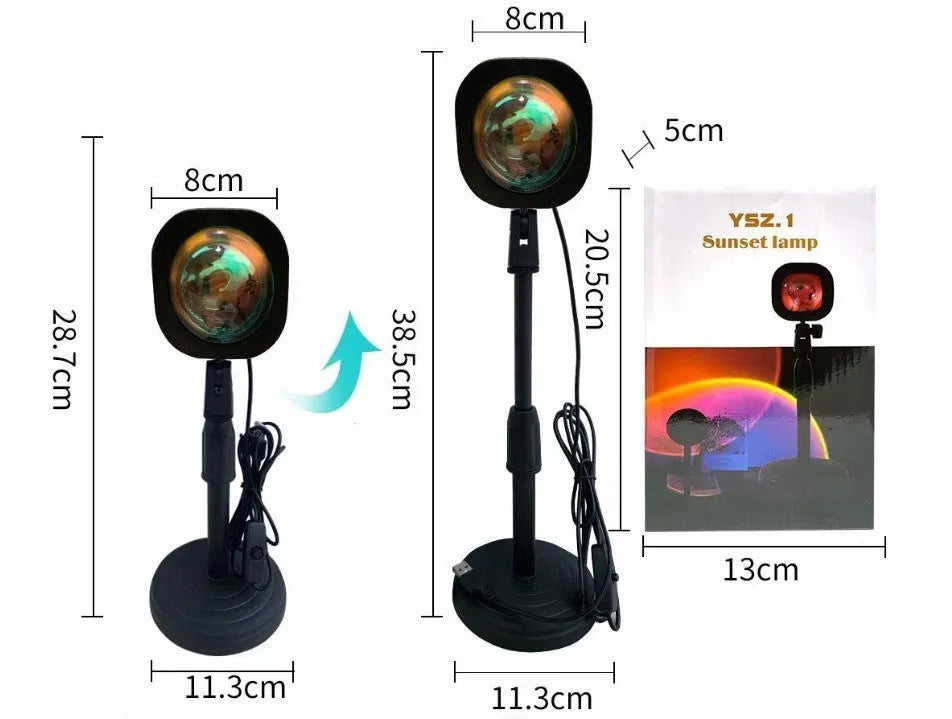 USB rechargeable rainbow sunset projection lamp with push-button control creating colourful atmospheric lighting