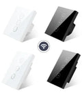 White 120 type smart wifi touch dimmer switch with tempered glass panel on a wall.