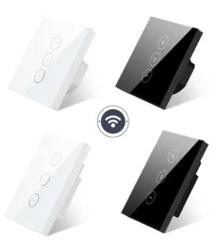 White 120 type smart wifi touch dimmer switch with tempered glass panel on a wall.