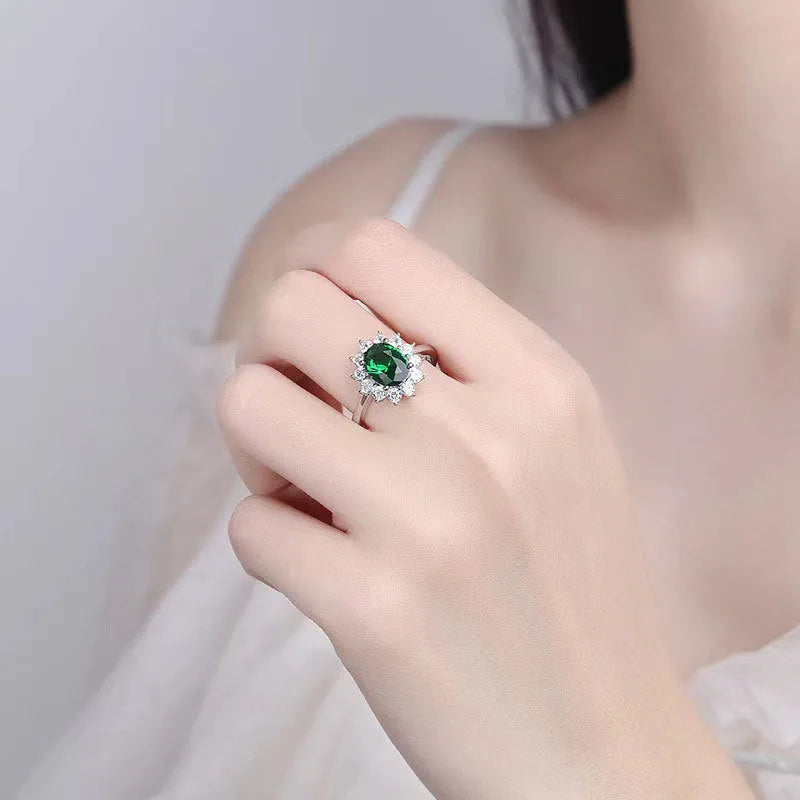 Women's electroplated copper ring with flower shape and zirconium stone accents in blue moissanite colour