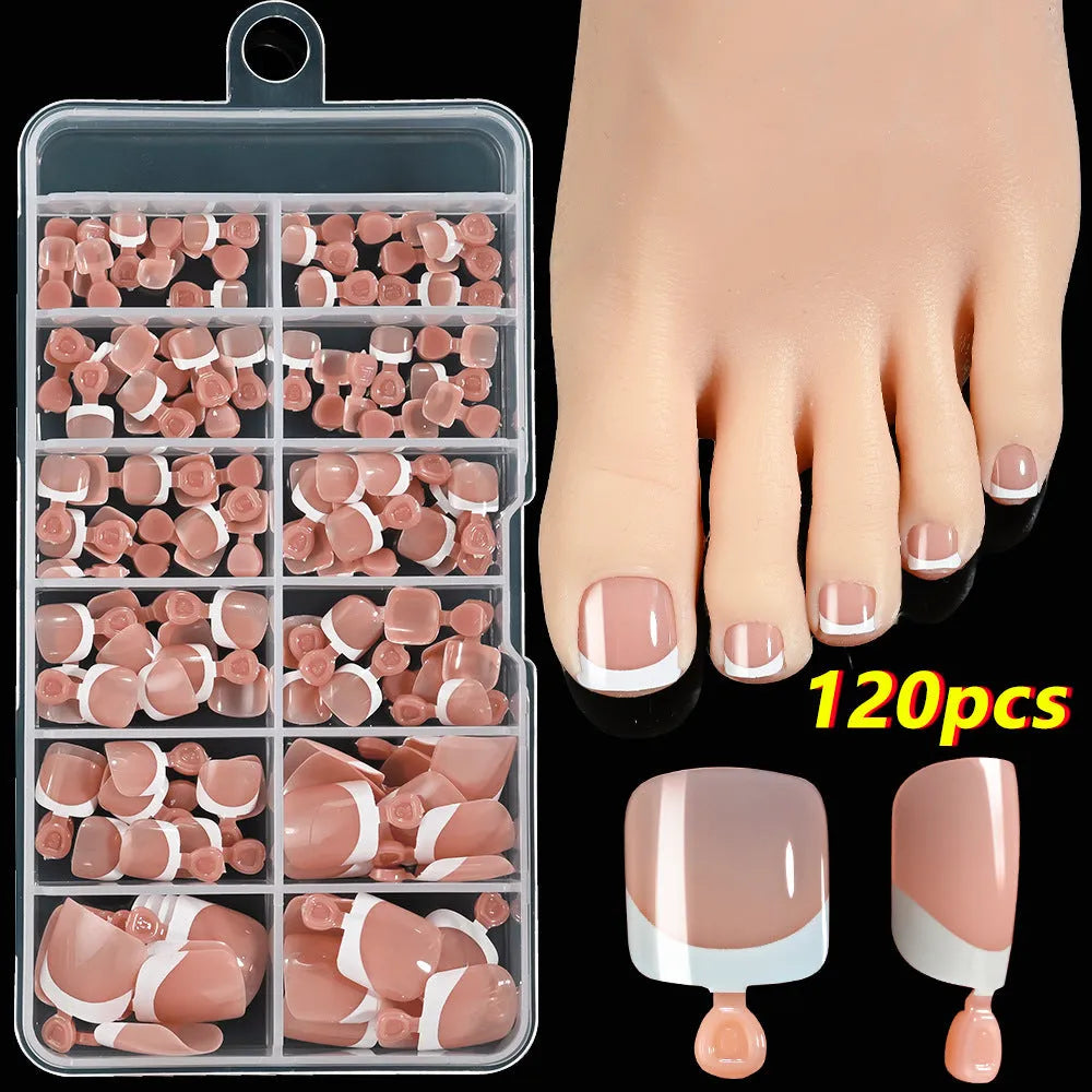 120 piece box of nude square artificial nail tips with French white edges in assorted shades