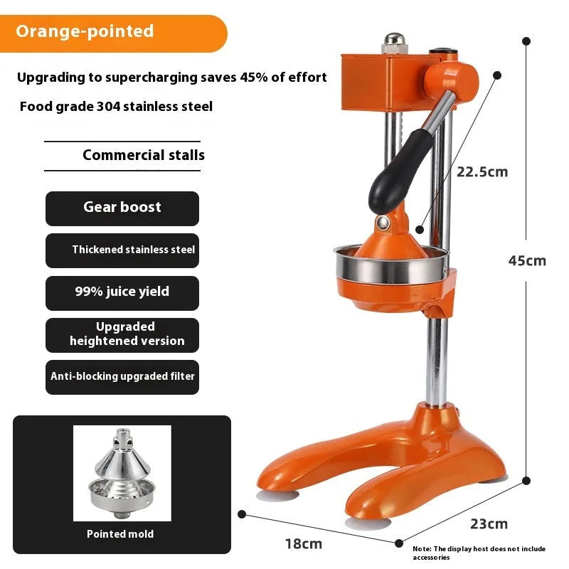 Vertical stainless steel manual juicer showing colour options and tip style variations