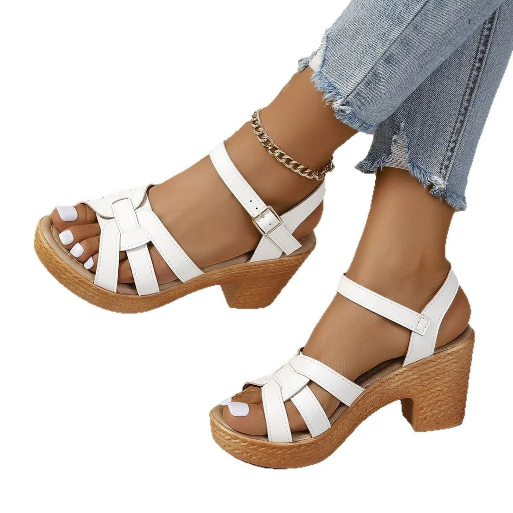 Plus size women's black peep toe sandals with a chunky heel and buckle ankle strap
