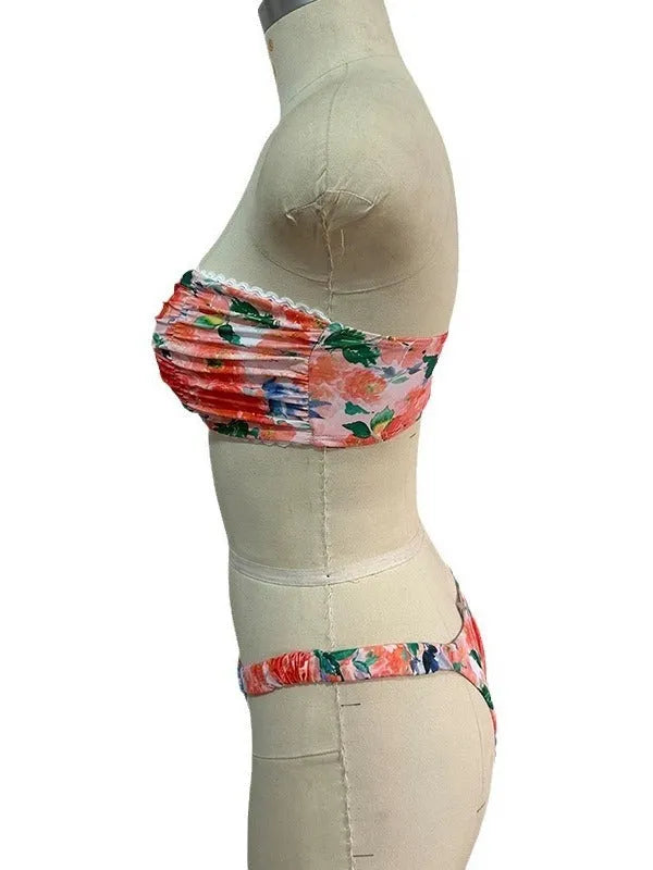 Women's tube top bikini swimsuit with lace detailing in floral print