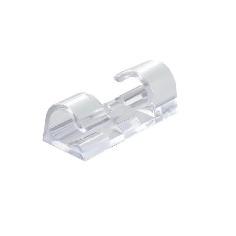 Transparent self-adhesive plastic cable clips for wire management in four different sizes.