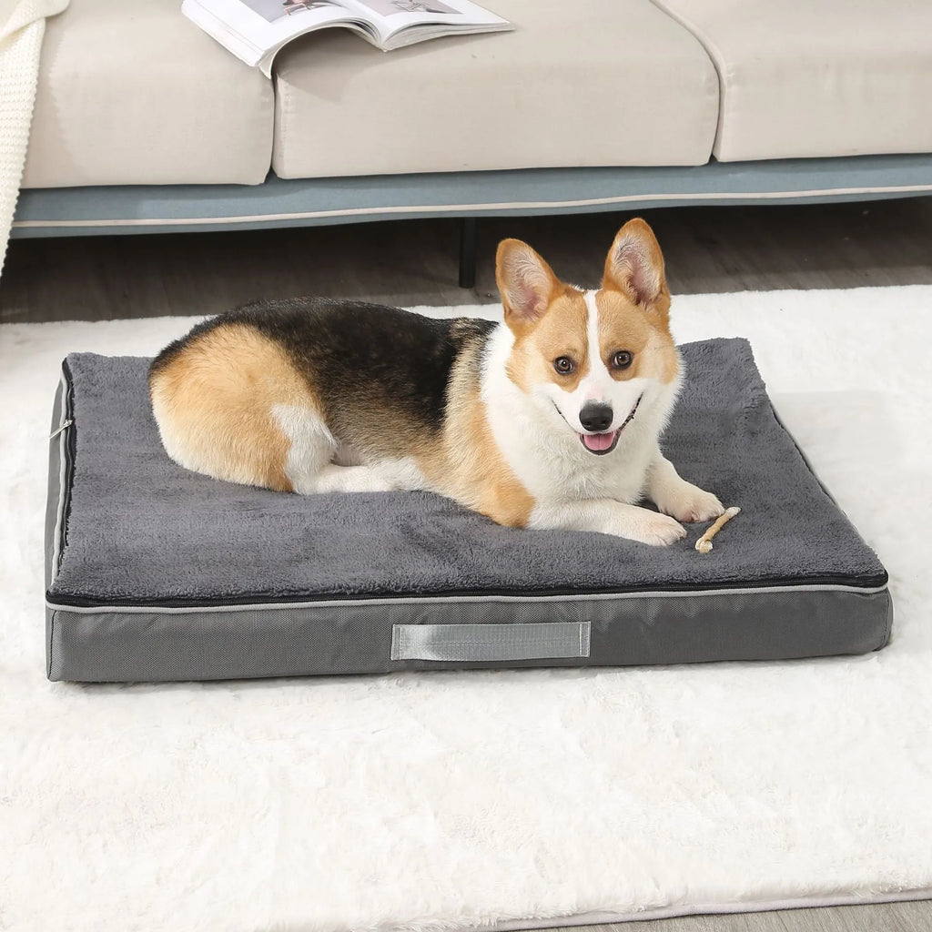 Removable washable memory sponge dog mat in brown Shu cotton velvet, shown in a 100x75cm size.