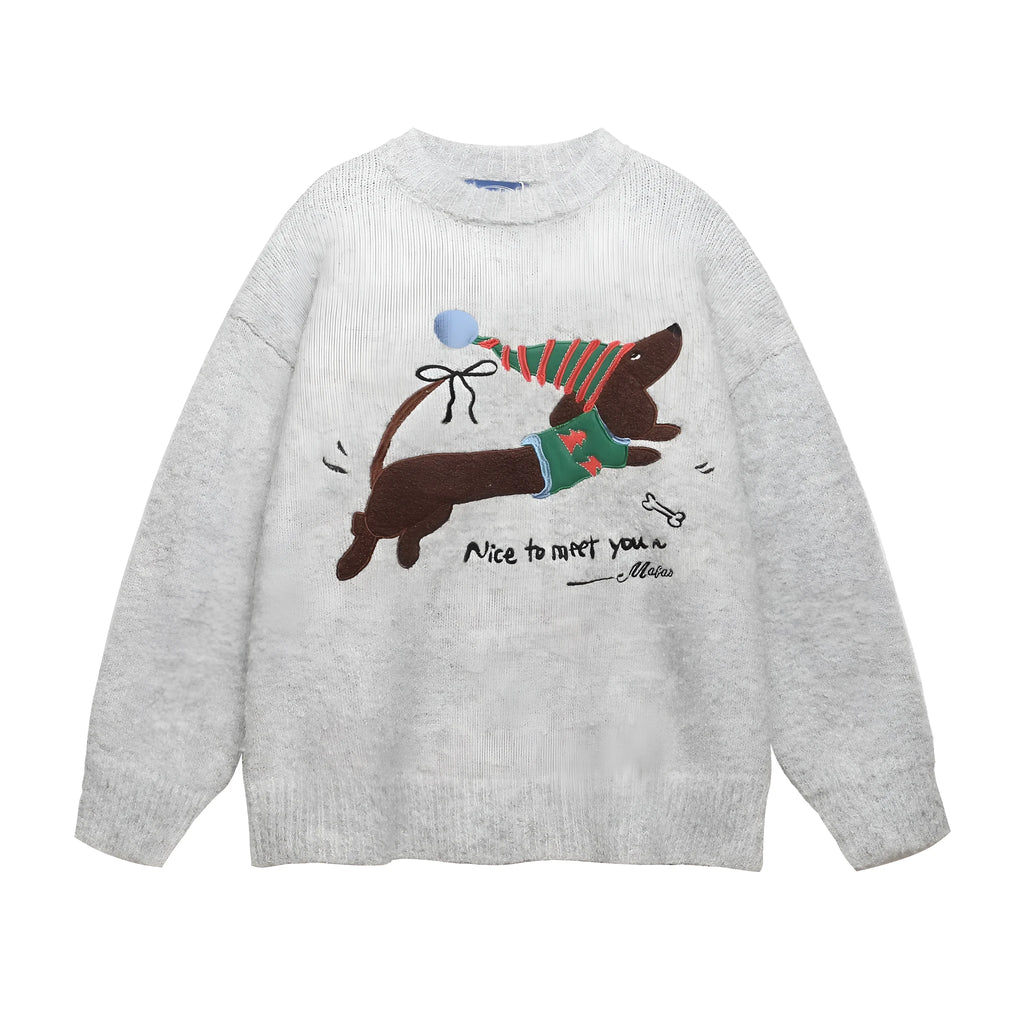 American retro Christmas hat puppy embroidery casual round neck sweater in Gray for teenagers