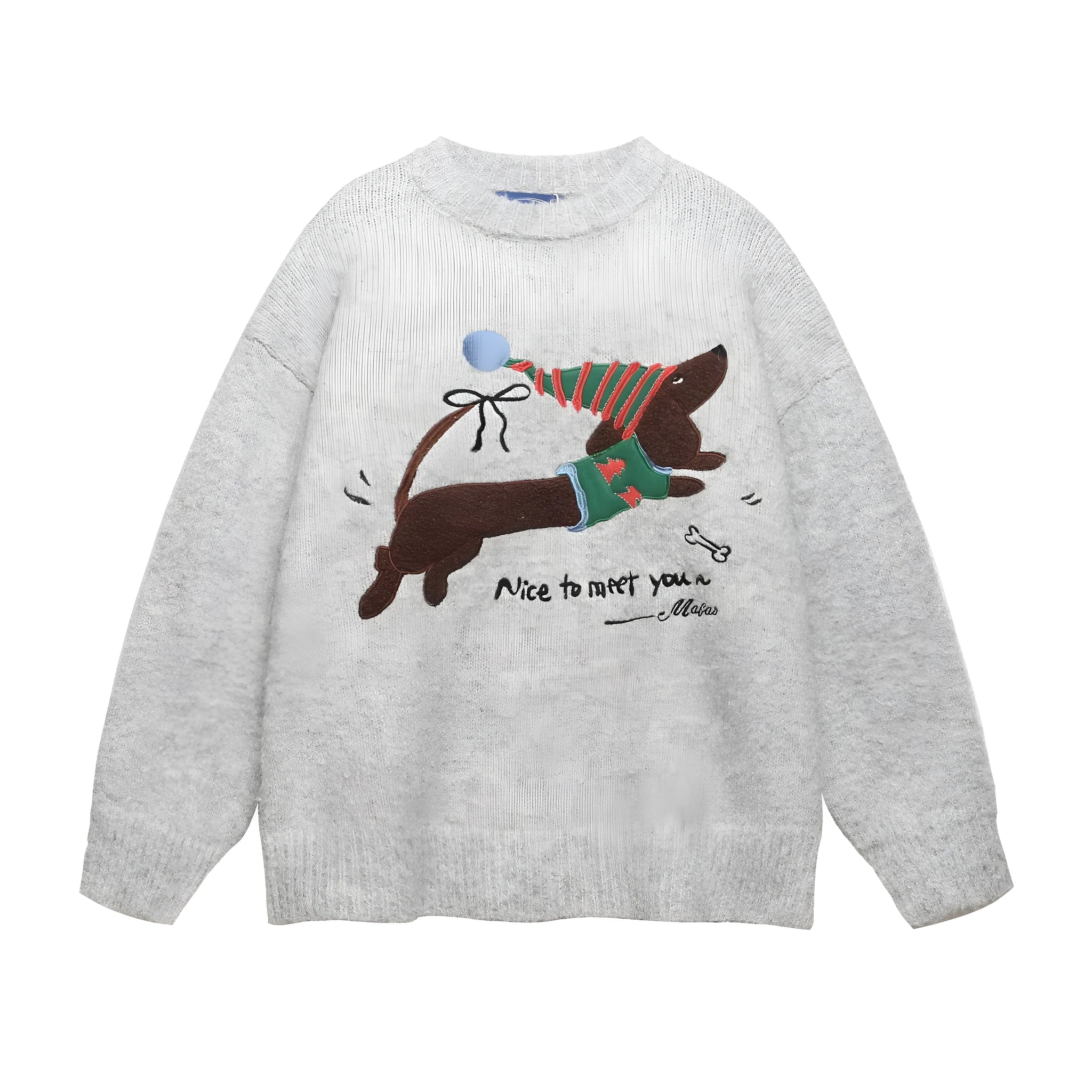 American retro Christmas hat puppy embroidery casual round neck sweater in Gray for teenagers