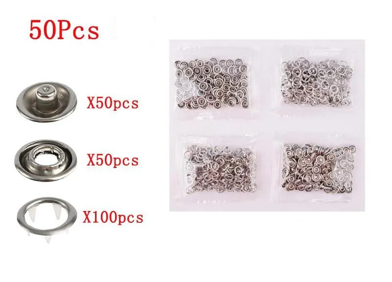 Five claw stainless steel no sew suit buttons for children's clothing, shown with plier tool.