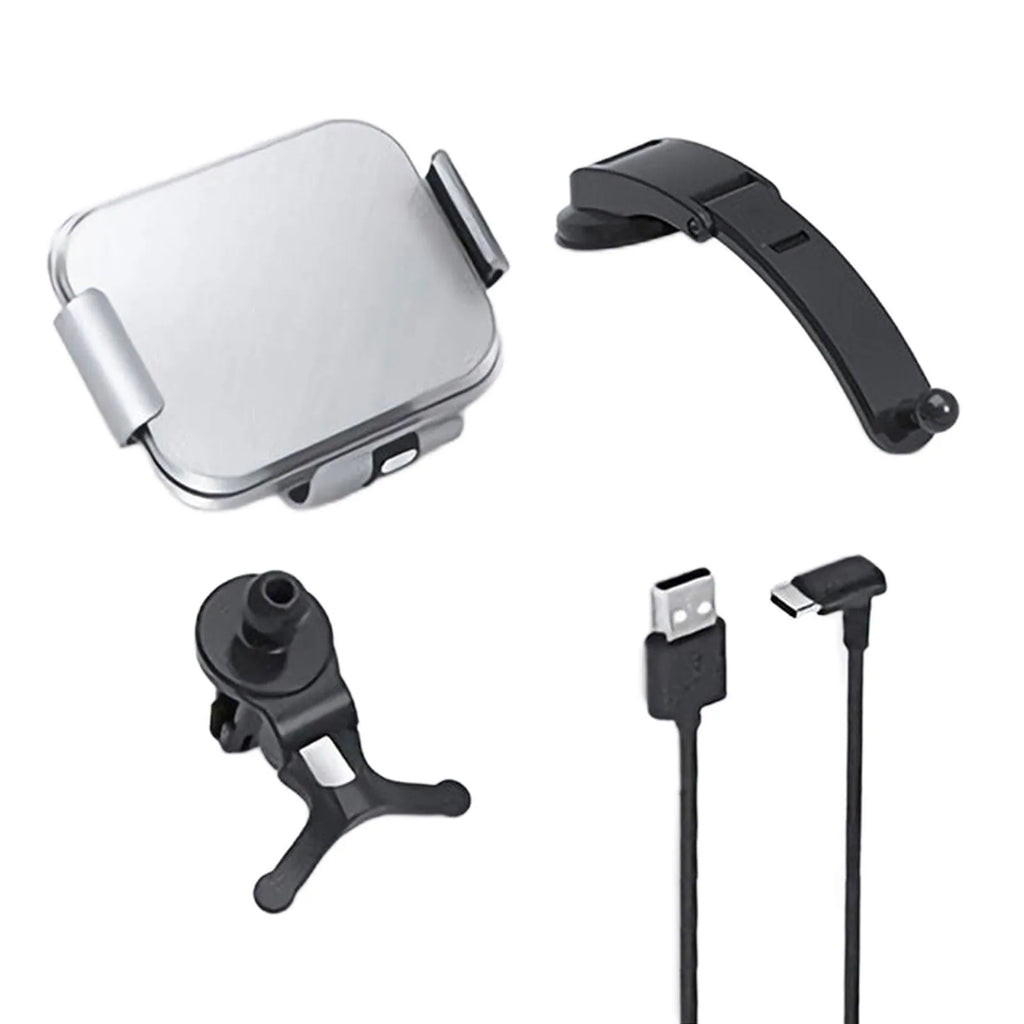 Grey wireless charging car phone holder with folding screen mounted on vehicle air vent