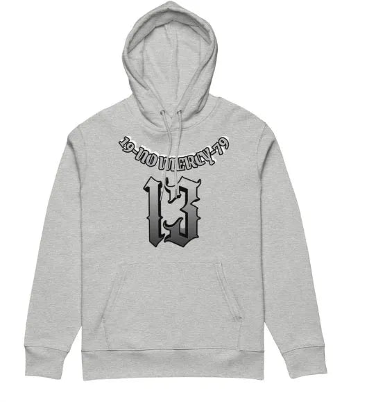 Loose fit fleece-lined hooded pullover sweater in grey, shown as team uniform business attire.