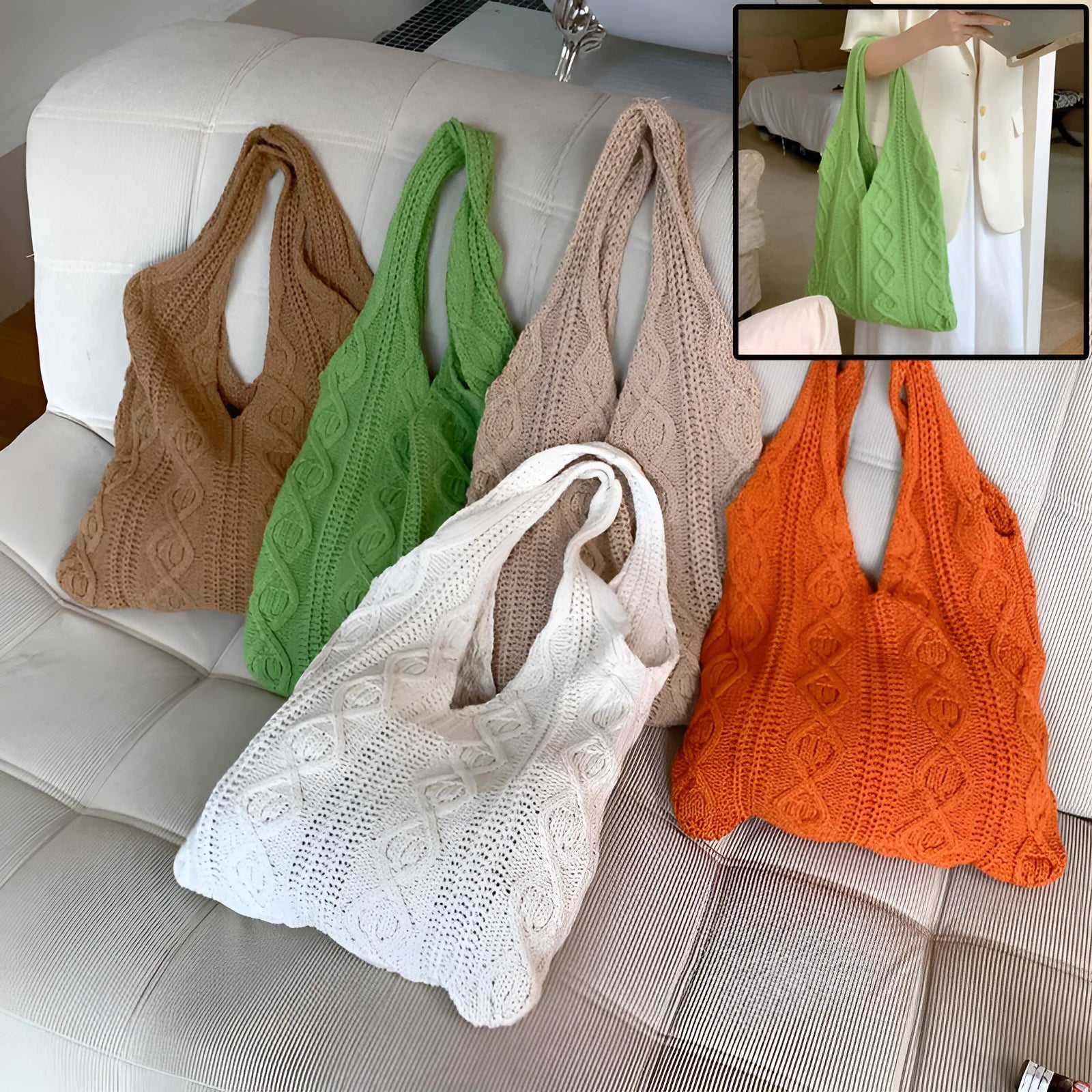Retro crochet wool shoulder bag with double straps in solid colour