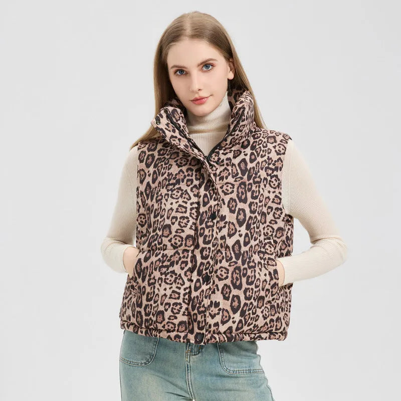 Leopard print stand collar loose fit vest for women in khaki with pockets and thick polyester fabric