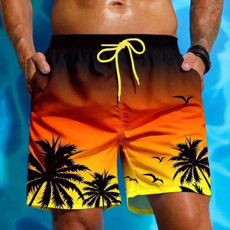 Men's loose board swimming trunks in an ethnic style, made from blue polyester fabric, shown on a size chart.