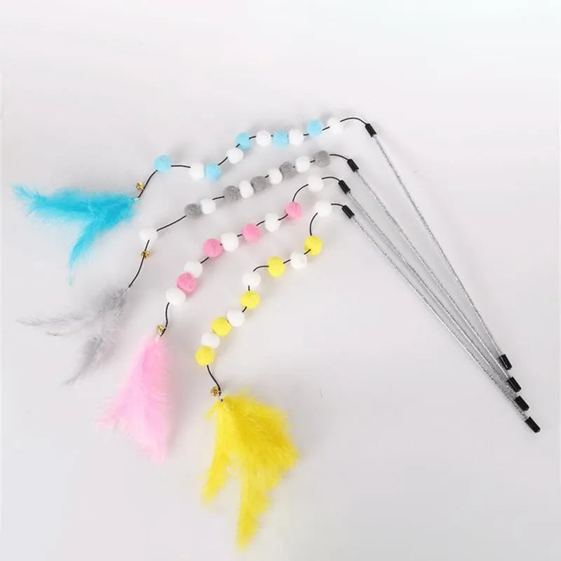 31cm long cat teaser interactive toy rod with bell and colourful polyester pompon feather attachment