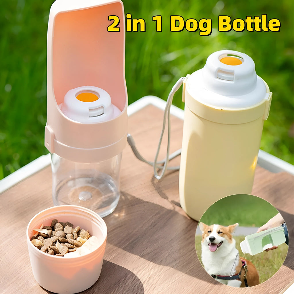 Green 2-in-1 travel dog water bottle and feeder with lanyard, folded to 20cm.