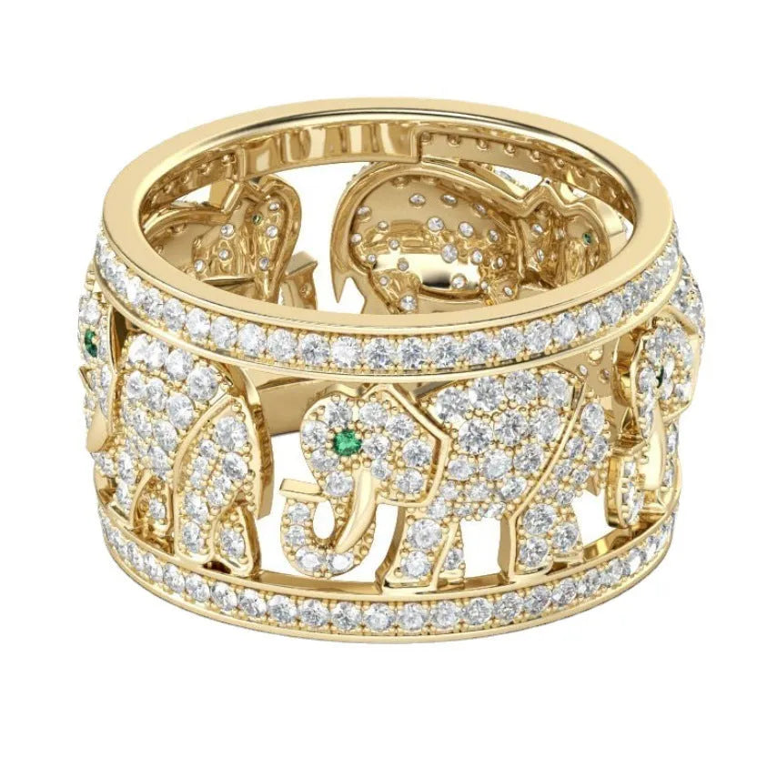 Close-up of a women's alloy elephant ring with full diamond design on the elephant motif.