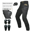 Men's waterproof motorcycle cycling trousers in black or green with belt and protective gear