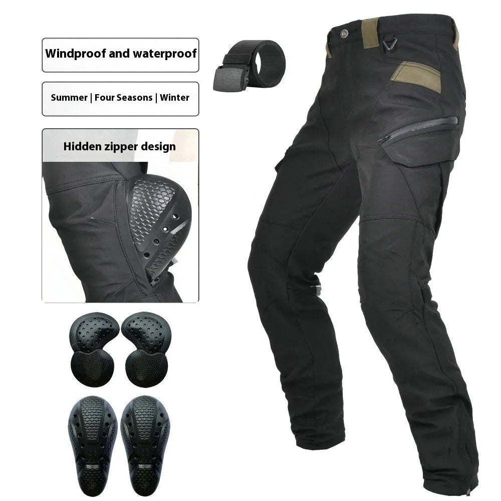 Men's waterproof motorcycle cycling trousers in black or green with belt and protective gear