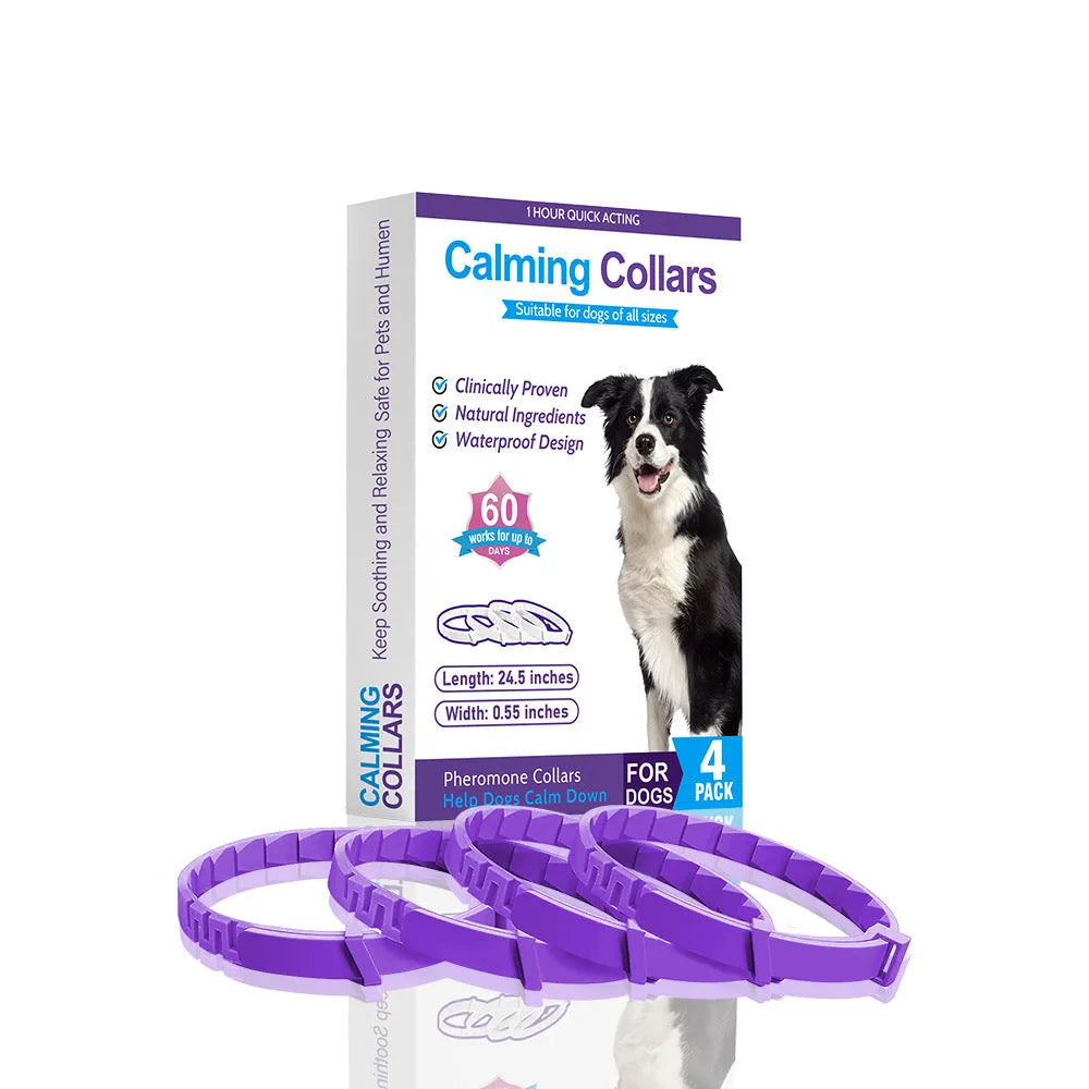 Pack of four solid colour TPR dog anxiety relief collars in Chinese style, laid flat.